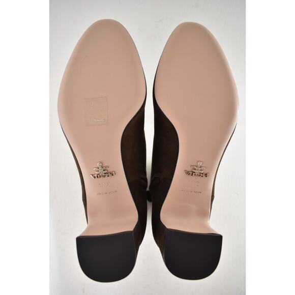 Prada 55MM Moro Chocolate Brown Suede Logo Short Ankle Block Heel Bootie 37.5 - Picture 16 of 16